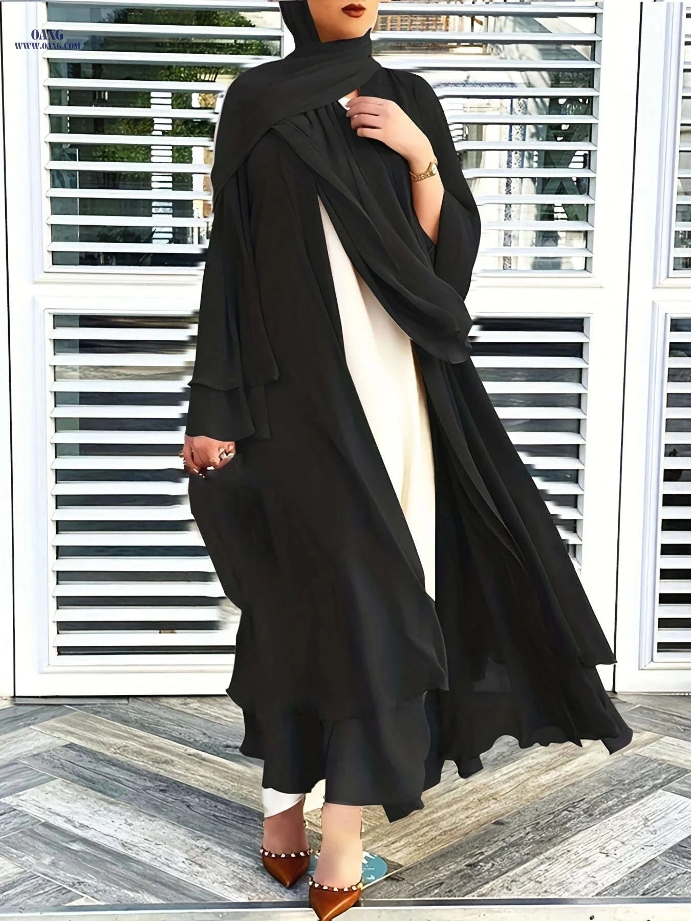 Women's Long Sleeve Modest Dress - Casual Islamic Style, Open Front   OAXG 