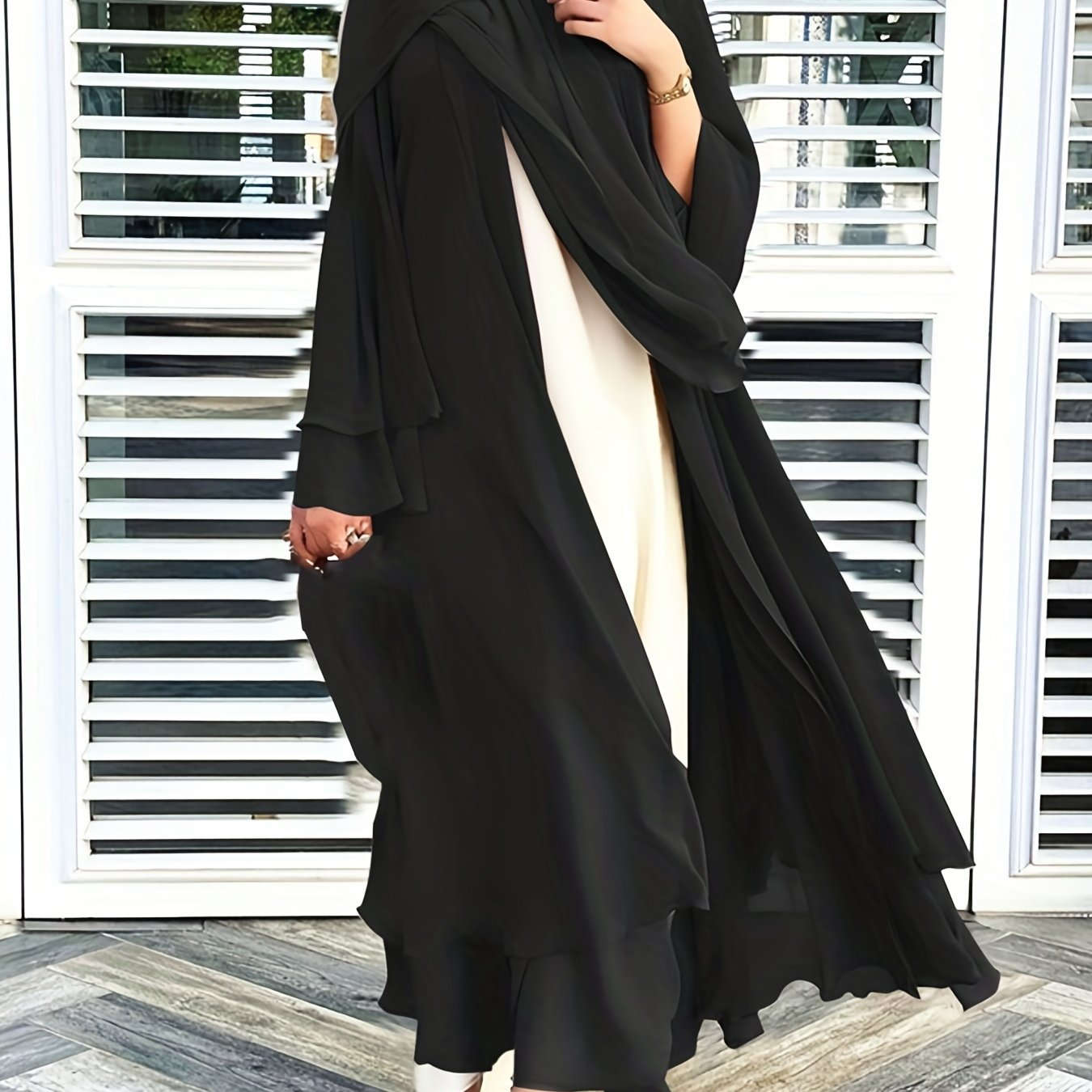 Women's Long Sleeve Modest Dress - Casual Islamic Style, Open Front   OAXG 
