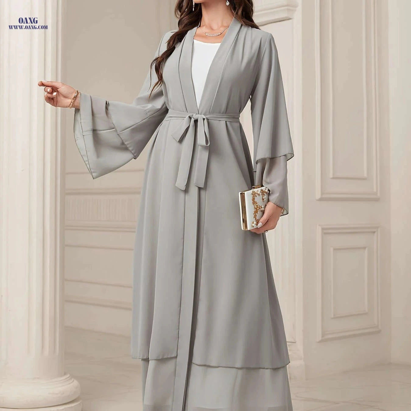 Women's Long Sleeve Modest Dress - Casual Islamic Style, Open Front   OAXG 