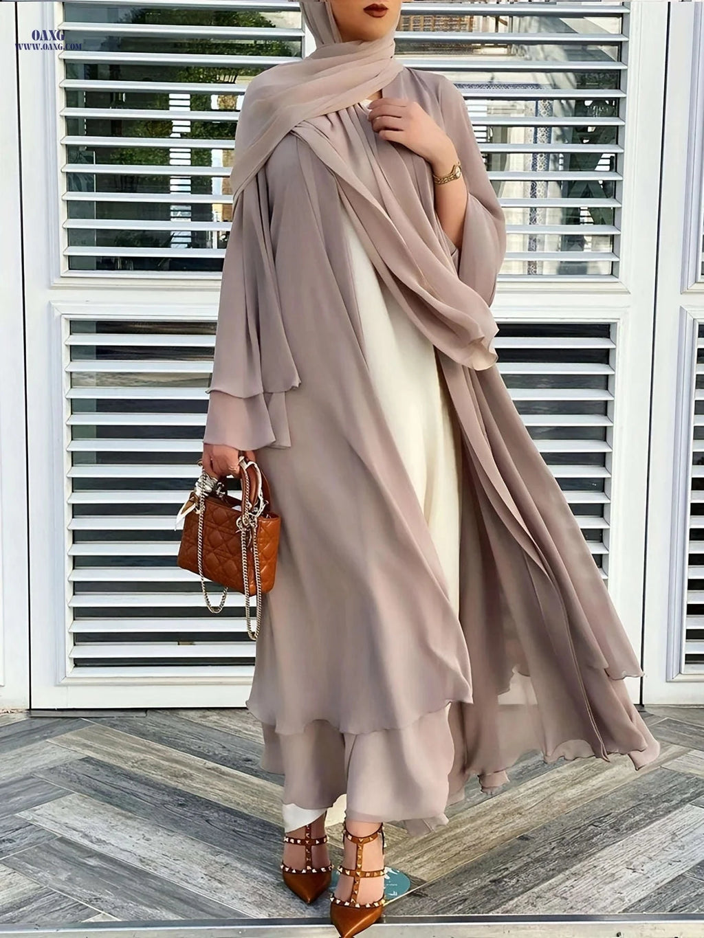Women's Long Sleeve Modest Dress - Casual Islamic Style, Open Front   OAXG 