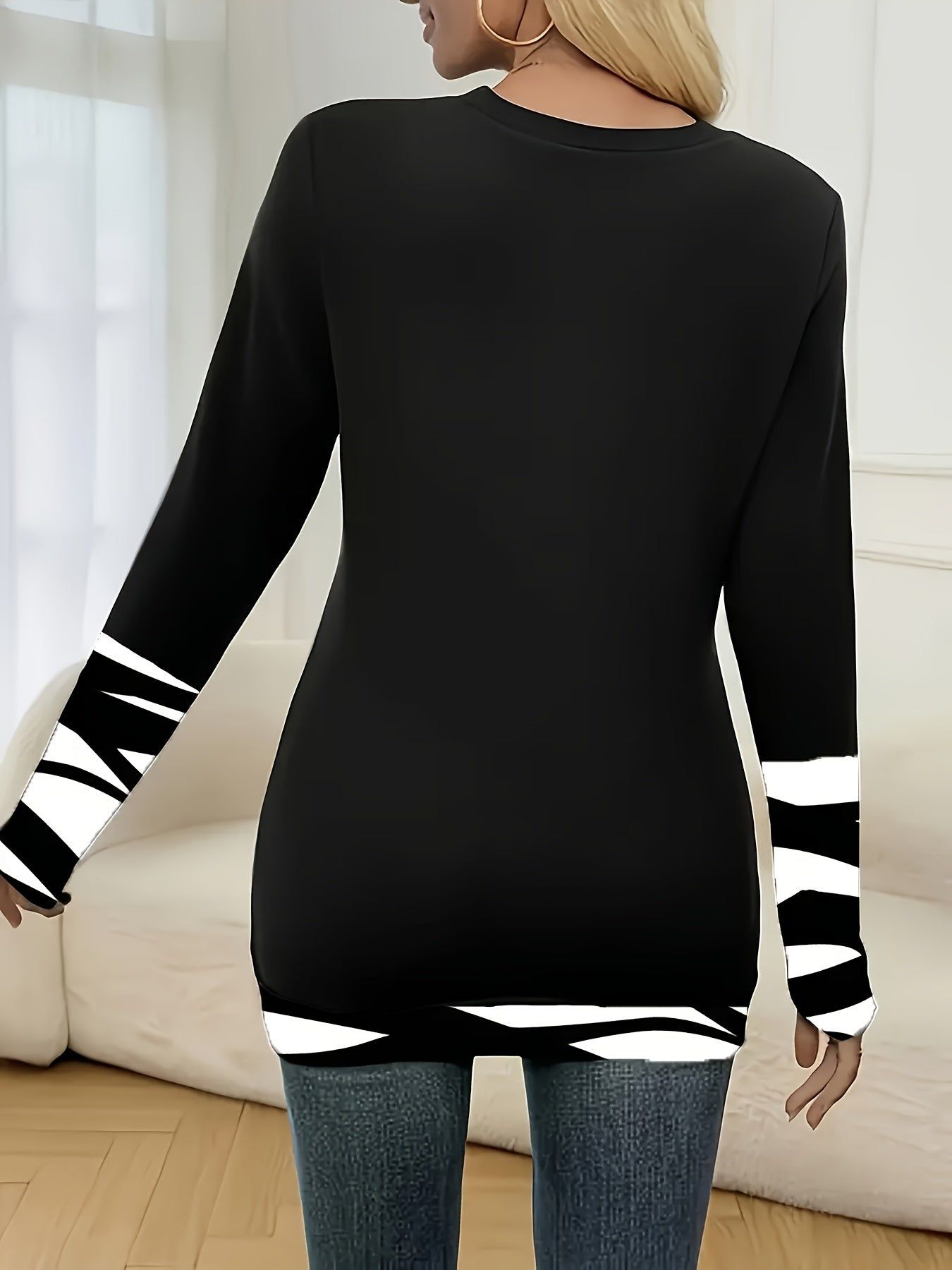 Women's Long Sleeve Printed Patchwork T-Shirt Spring/Autumn Top   OAXG Mixed colors / S