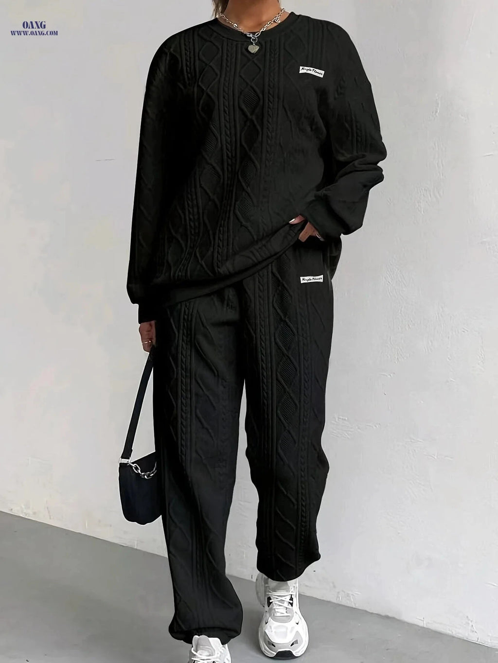 Women's Long Sleeve Sweatshirt & Pants Set - Elegant Textured Fabric   OAXG 