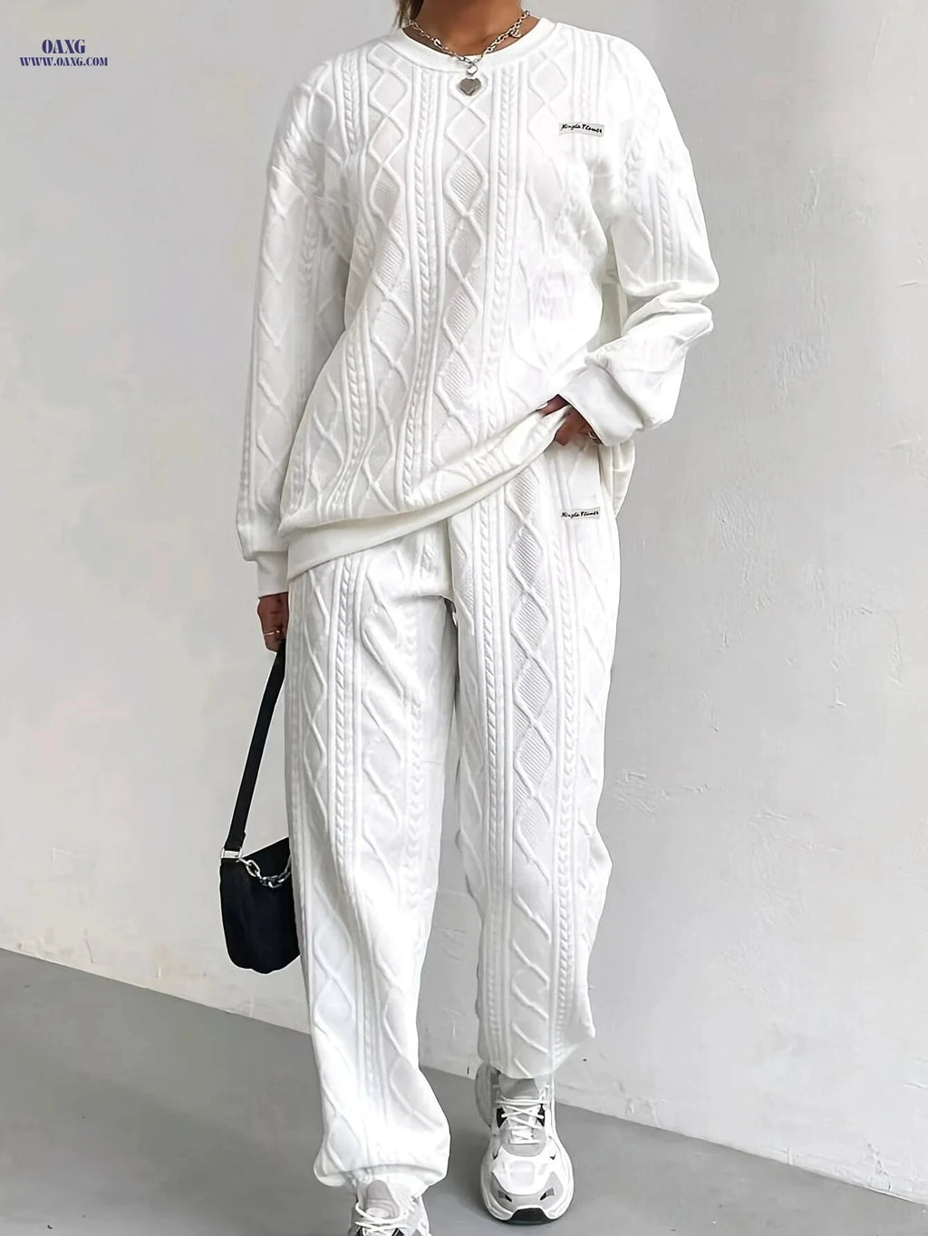 Women's Long Sleeve Sweatshirt & Pants Set - Elegant Textured Fabric   OAXG Black / XS