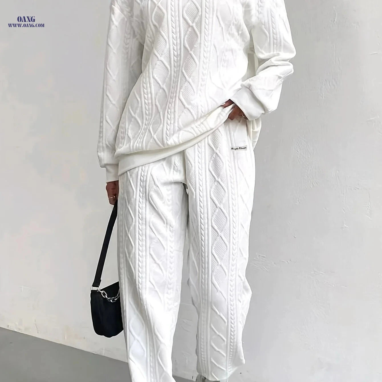 Women's Long Sleeve Sweatshirt & Pants Set - Elegant Textured Fabric   OAXG Black / XS