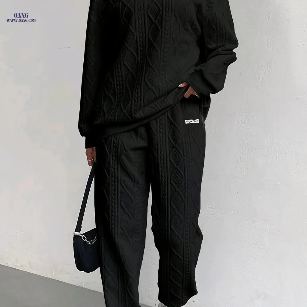 Women's Long Sleeve Sweatshirt & Pants Set - Elegant Textured Fabric   OAXG Black / XS