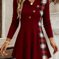 Women's Long Sleeve T-Shirt Plaid Patchwork & Button-Up V-Neck Casual Flowy Top   OAXG Burgundy / S