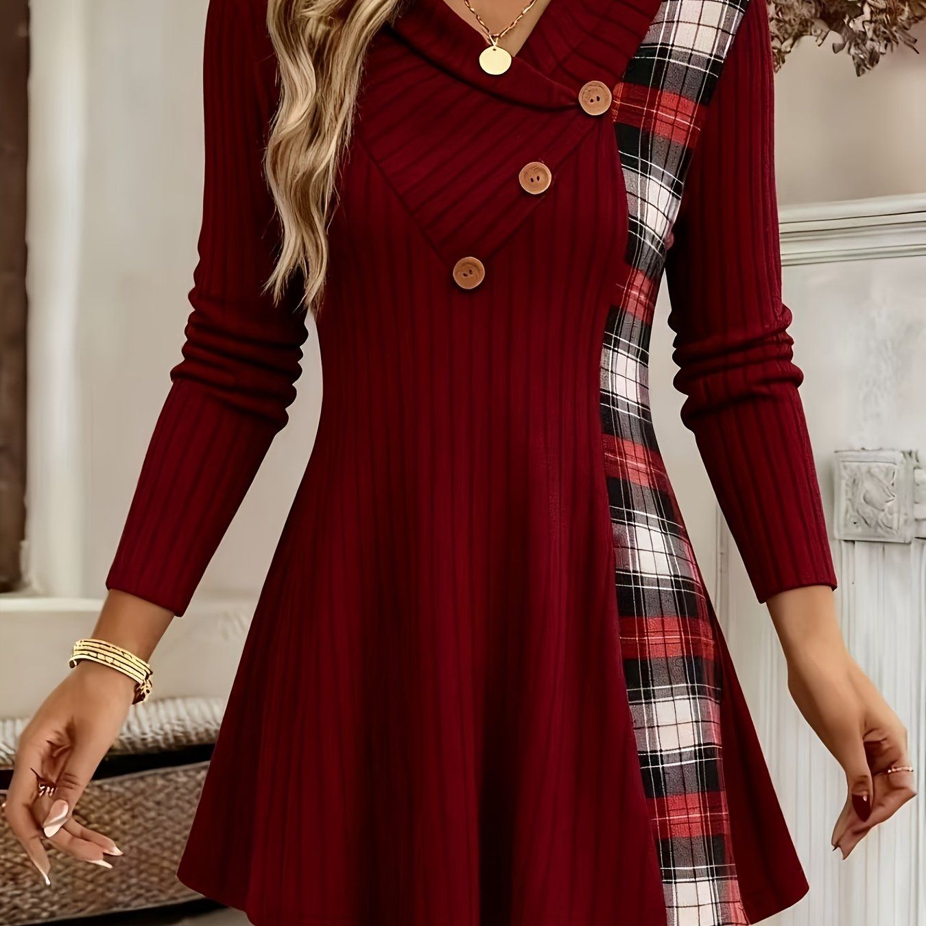 Women's Long Sleeve T-Shirt Plaid Patchwork & Button-Up V-Neck Casual Flowy Top   OAXG Burgundy / S