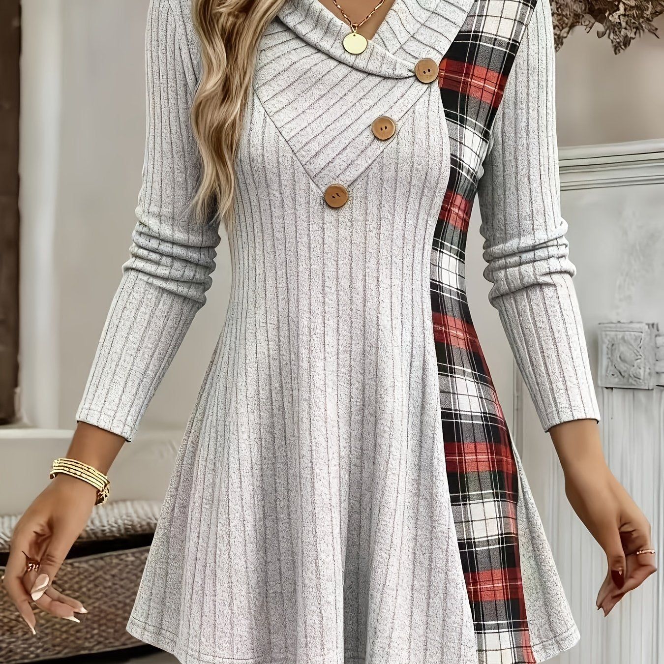 Women's Long Sleeve T-Shirt Plaid Patchwork & Button-Up V-Neck Casual Flowy Top   OAXG Burgundy / S