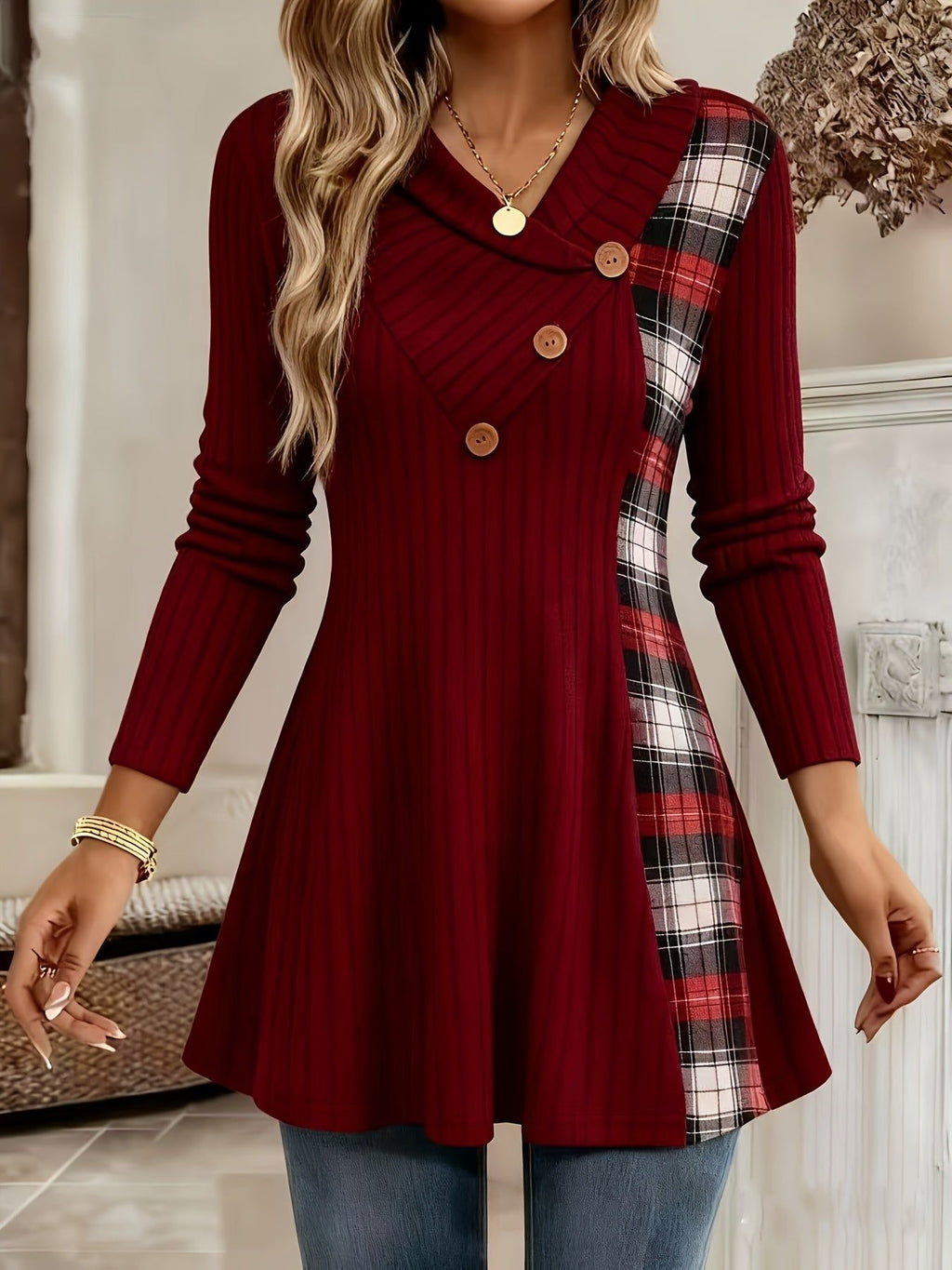 Women's Long Sleeve T-Shirt Plaid Patchwork & Button-Up V-Neck Casual Flowy Top   OAXG Burgundy / S
