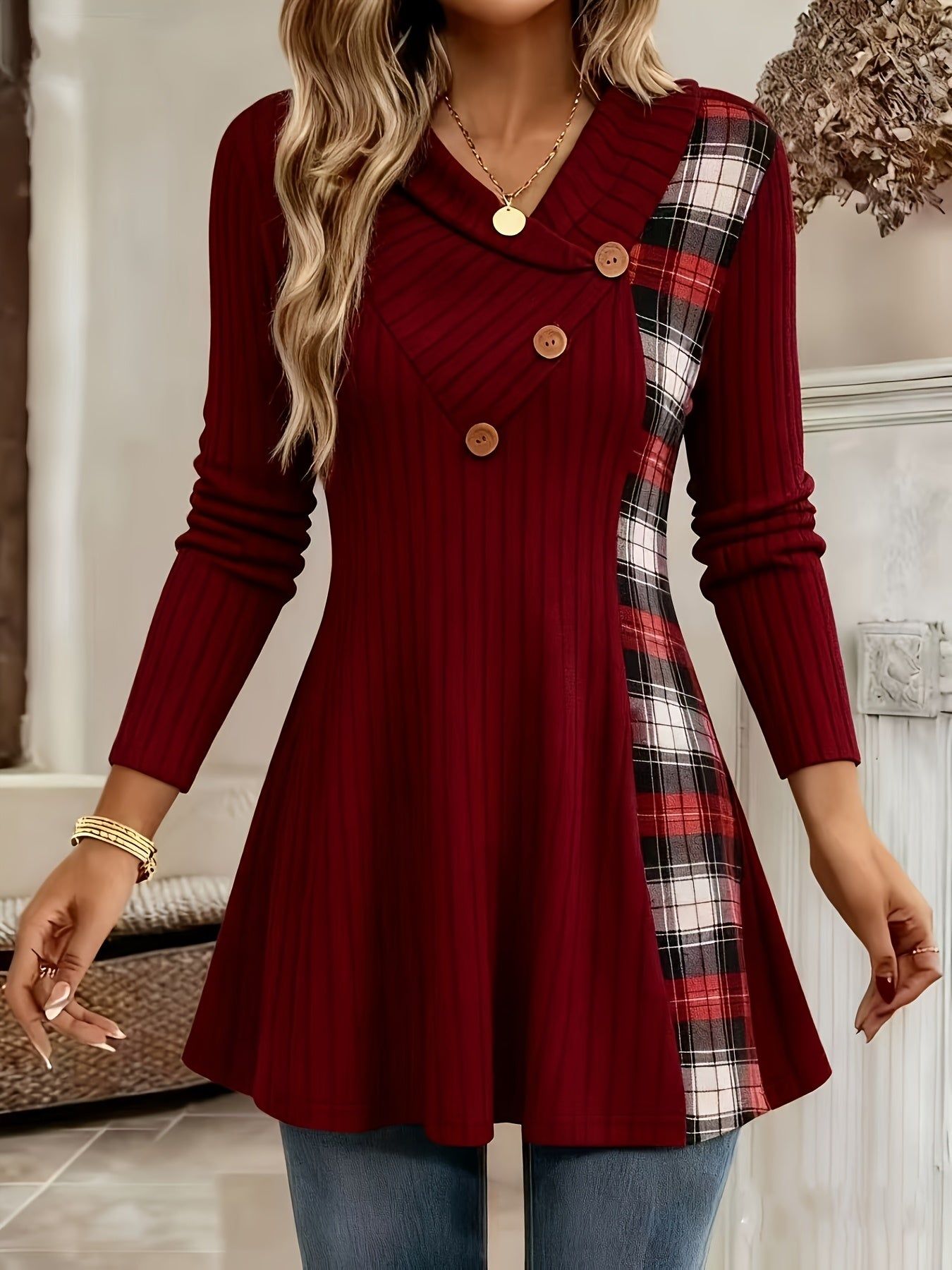 Women's Long Sleeve T-Shirt Plaid Patchwork & Button-Up V-Neck Casual Flowy Top   OAXG Burgundy / S