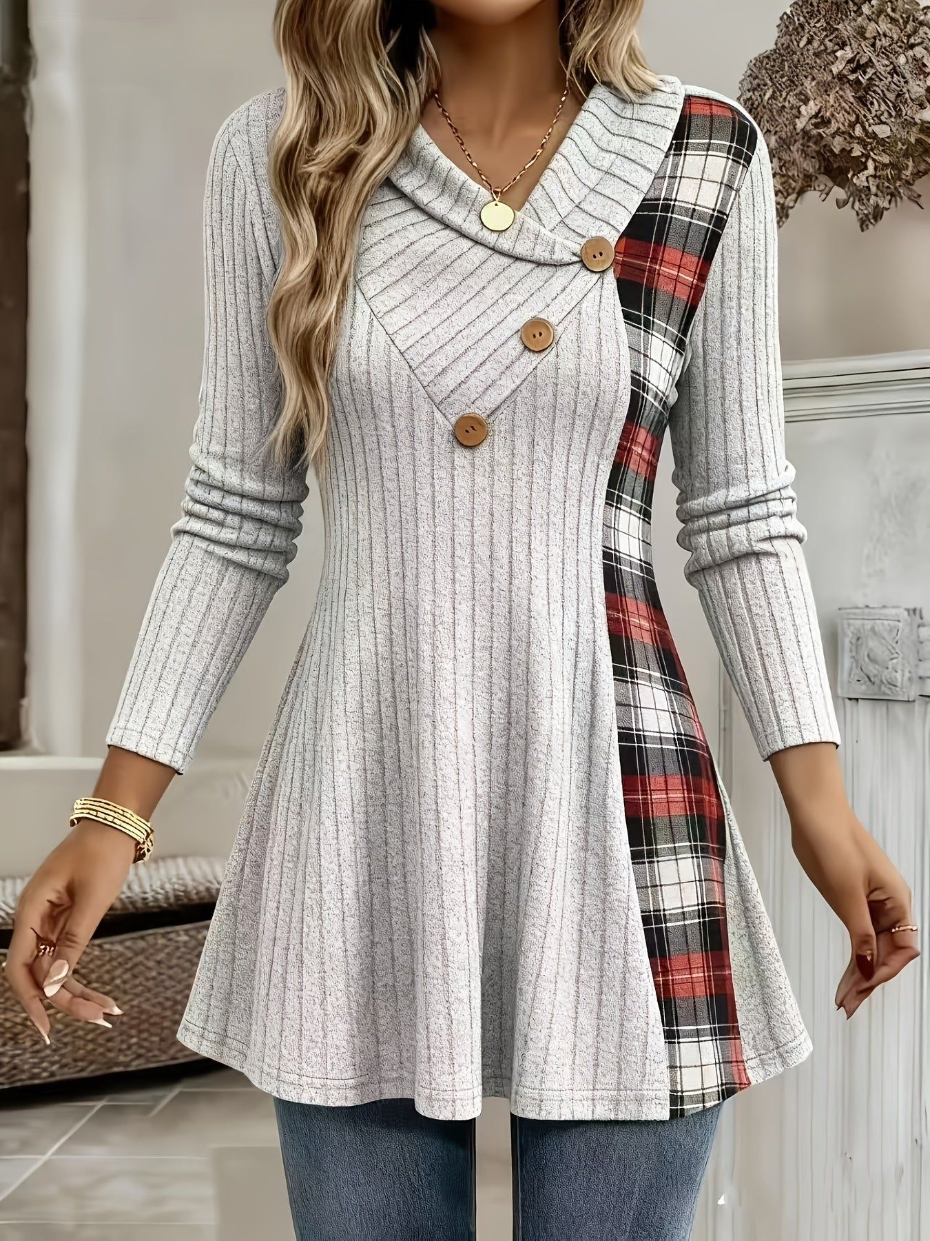 Women's Long Sleeve T-Shirt Plaid Patchwork & Button-Up V-Neck Casual Flowy Top   OAXG Burgundy / S