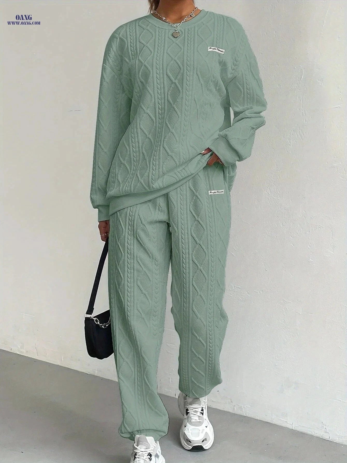 Women’s Long Sleeve Textured Sweatshirt & Pants Set - Casual Fashion   OAXG 