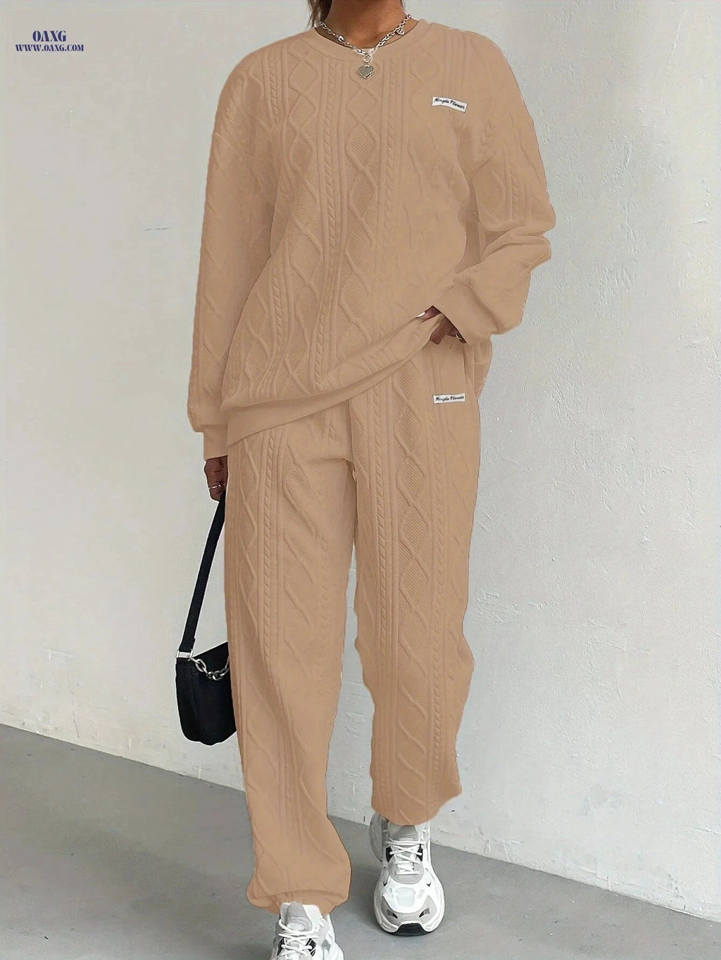 Women’s Long Sleeve Textured Sweatshirt & Pants Set - Casual Fashion   OAXG Black / XS