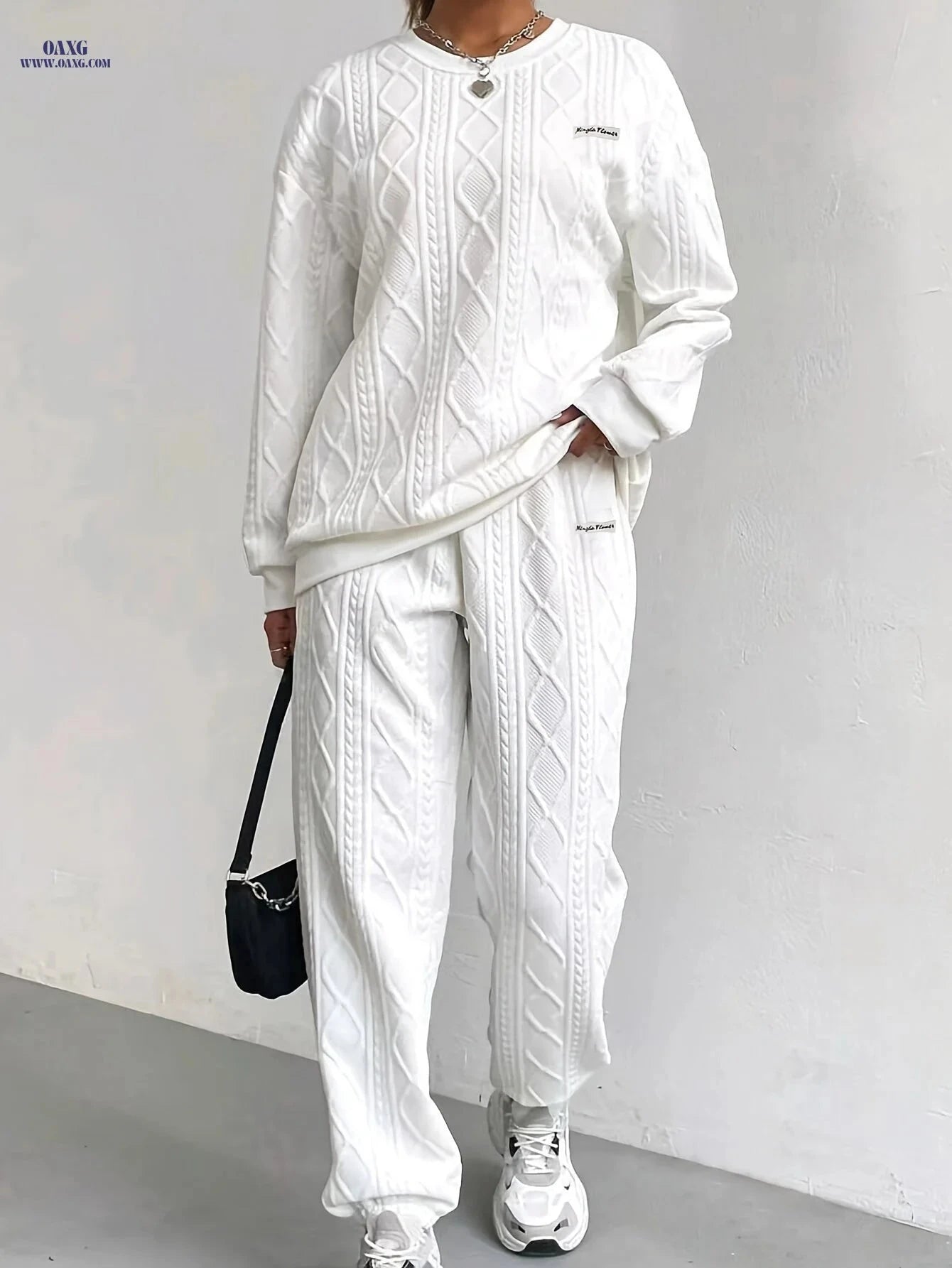 Women’s Long Sleeve Textured Sweatshirt & Pants Set - Casual Fashion   OAXG 