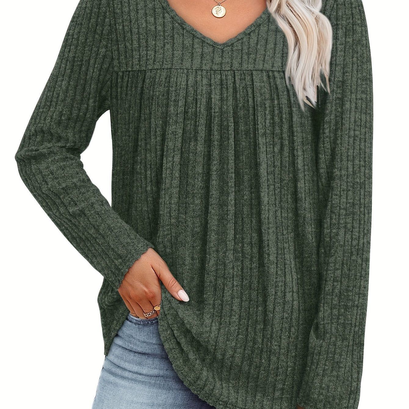 Women's Long Sleeve V-Neck Lightweight Casual Pullover Top with Front Pleats, Fashionable Thin Sweater   OAXG Green / S