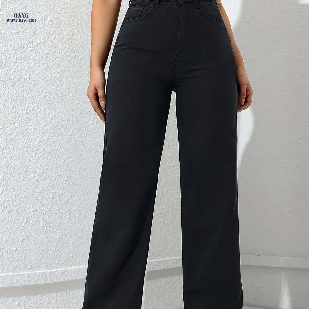 Women's Loose Faux Denim Pants - Elegant Wide Leg Design   OAXG Black / XXS