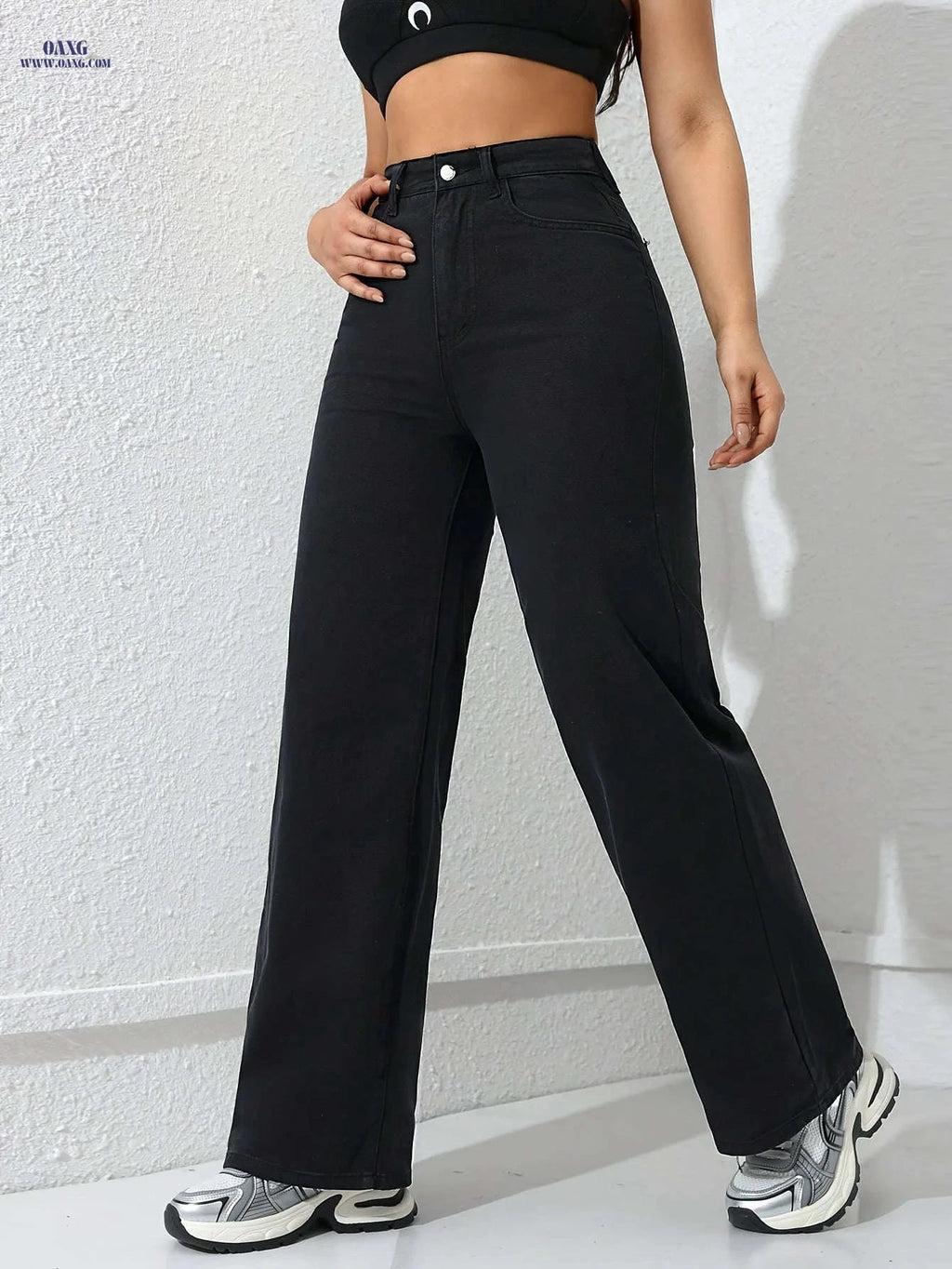 Women's Loose Faux Denim Pants - Elegant Wide Leg Design   OAXG Black / XXS