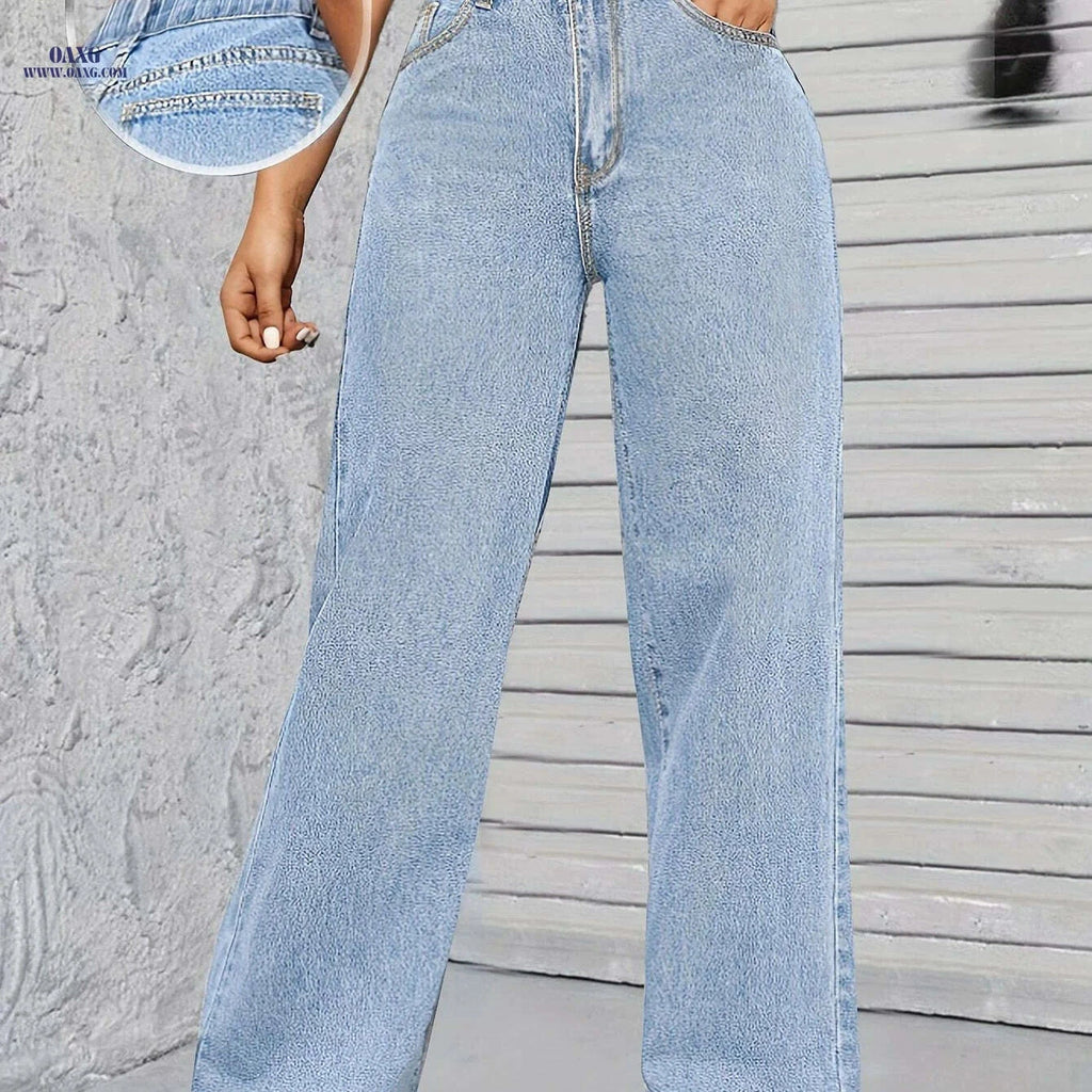 Women's Loose Fit Blue Denim Pants - Casual Wide Leg Style   OAXG 