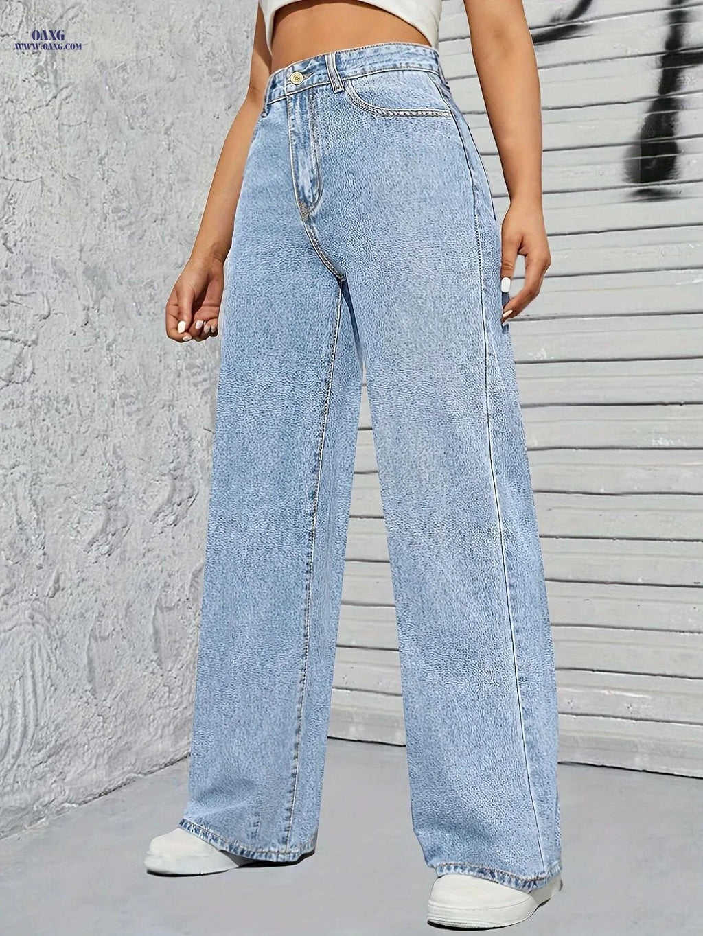 Women's Loose Fit Blue Denim Pants - Casual Wide Leg Style   OAXG Blue / XS