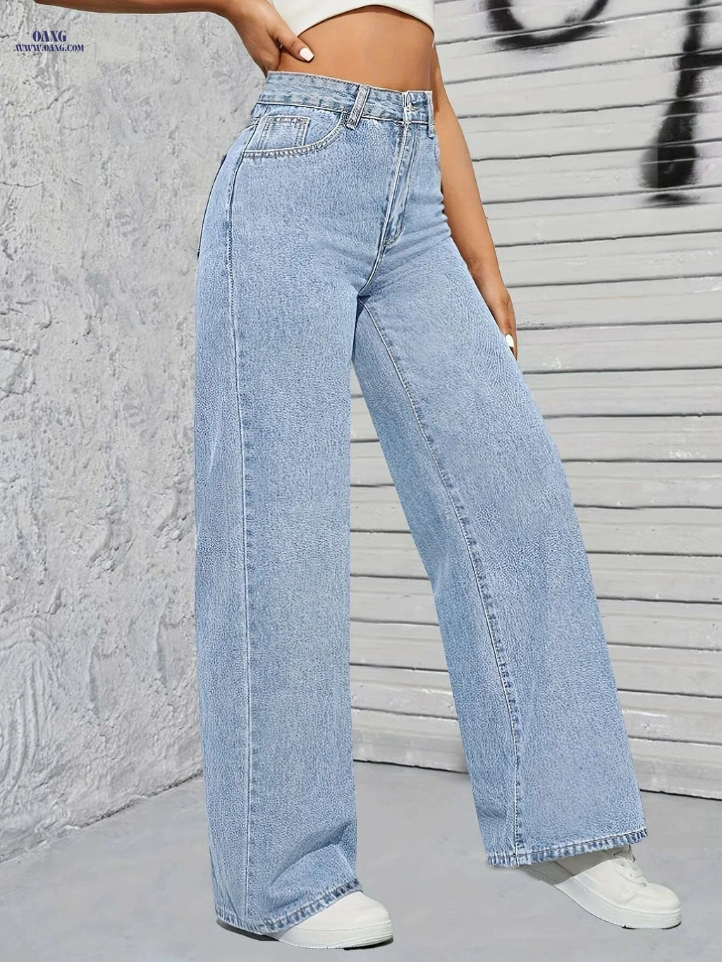 Women's Loose Fit Blue Denim Pants - Casual Wide Leg Style   OAXG Blue / XS