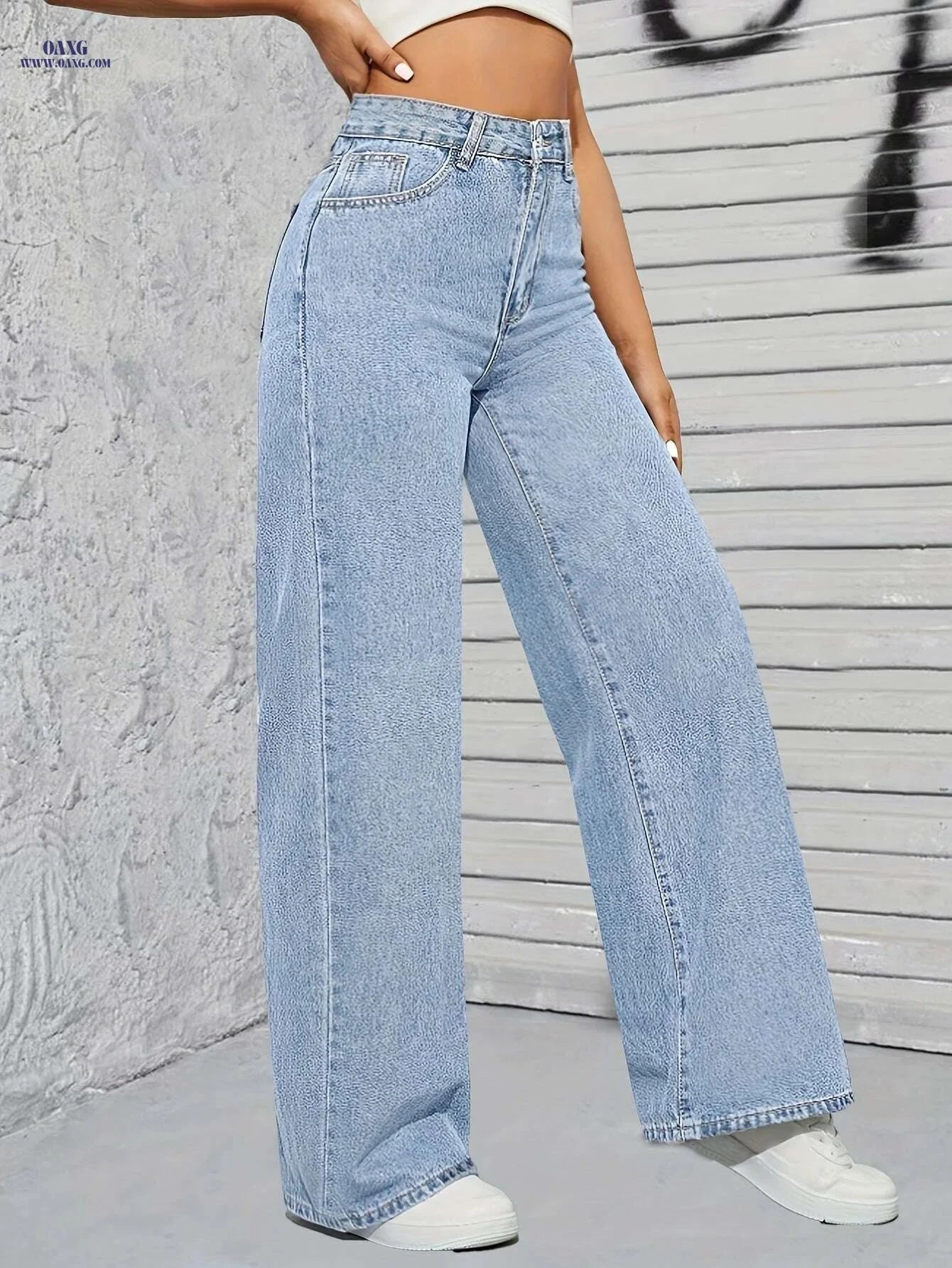 Women's Loose Fit Blue Denim Pants - Casual Wide Leg Style   OAXG Blue / XS