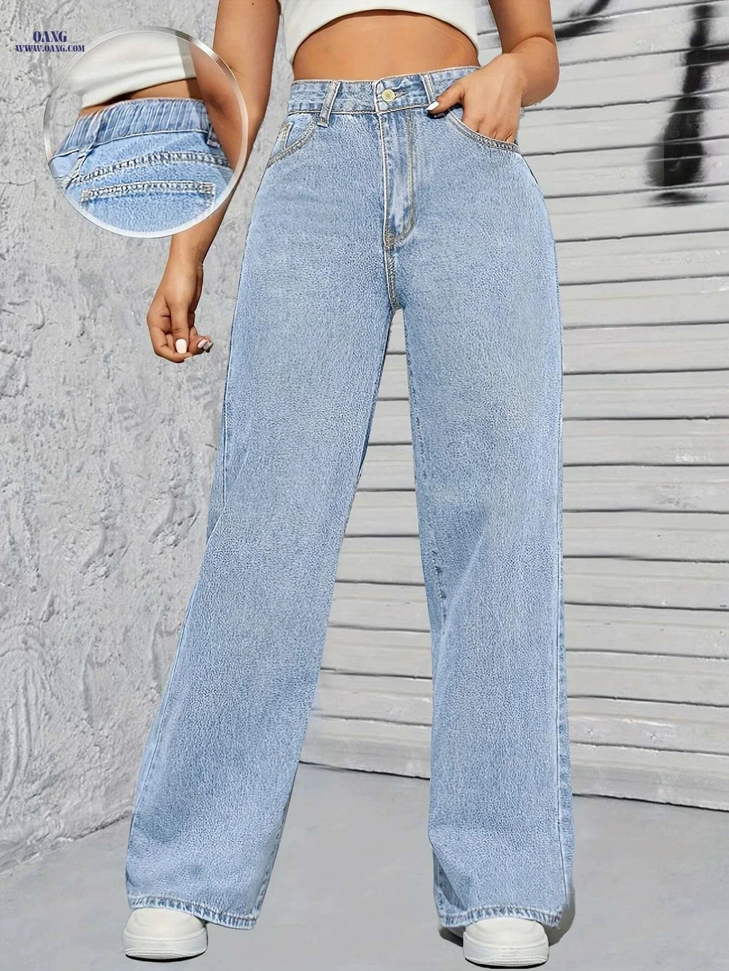 Women's Loose Fit Blue Denim Pants - Casual Wide Leg Style   OAXG Blue / XS