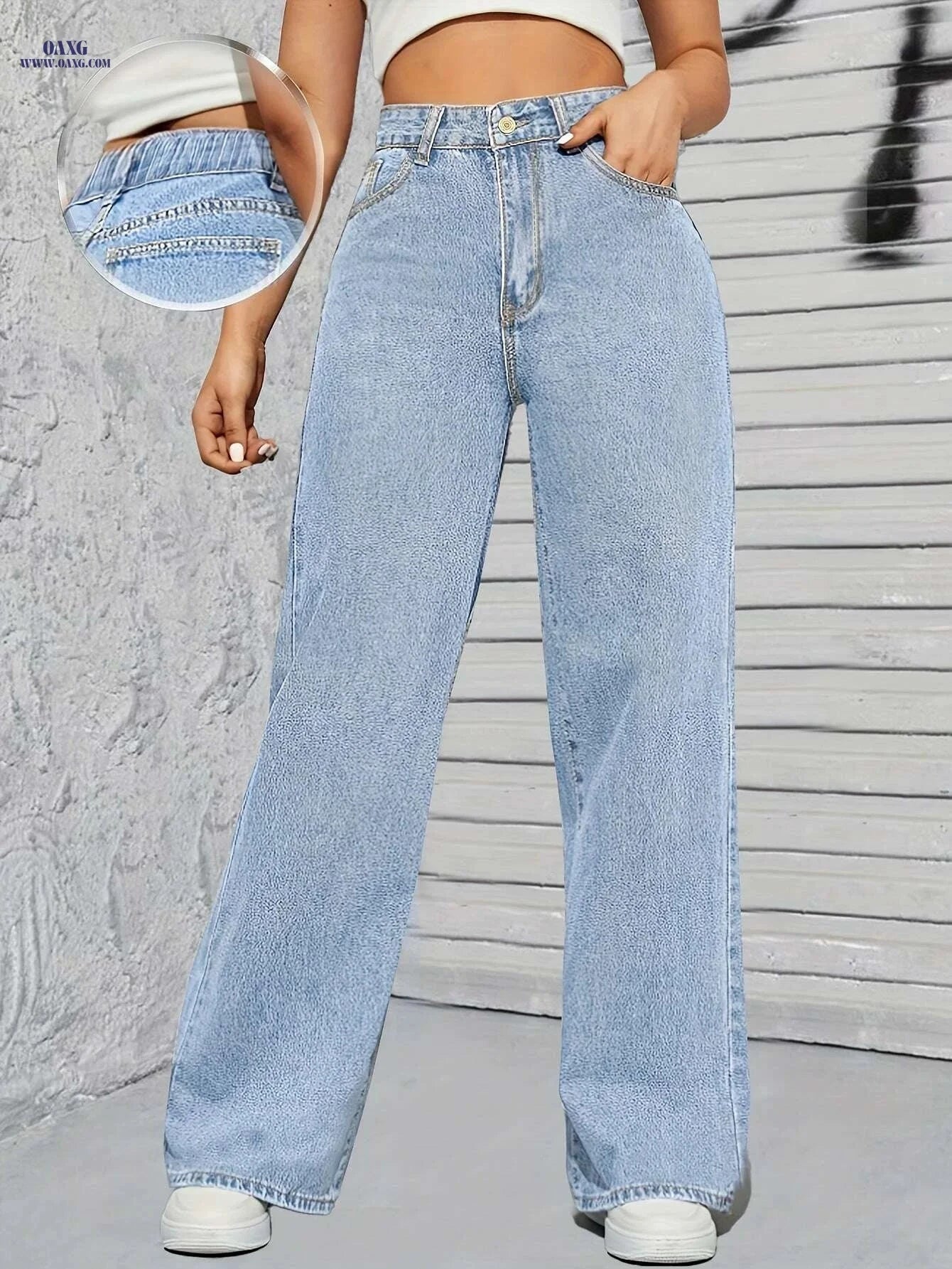 Women's Loose Fit Blue Denim Pants - Casual Wide Leg Style   OAXG Blue / XS