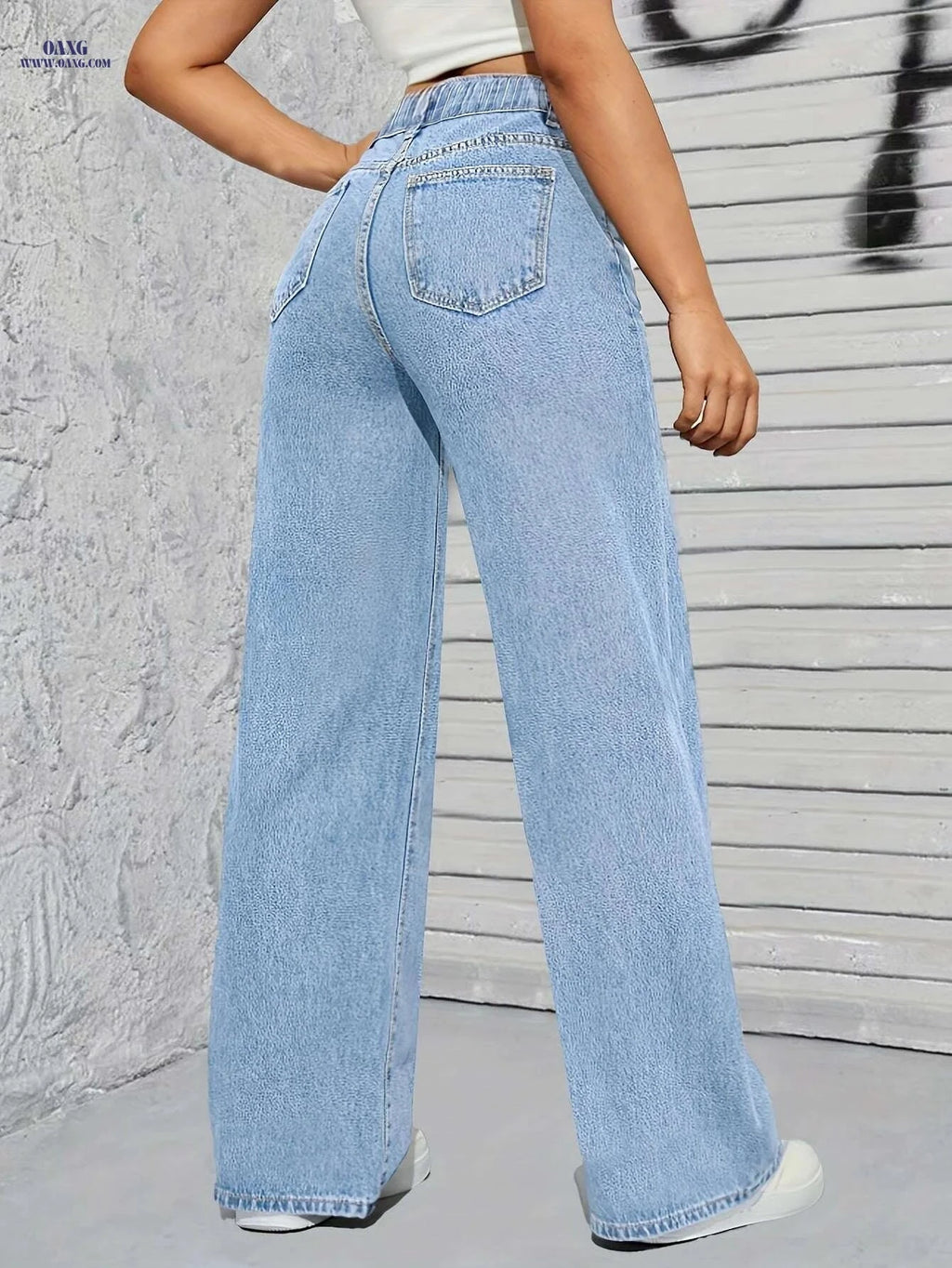 Women's Loose Fit Blue Denim Pants - Casual Wide Leg Style   OAXG Blue / XS