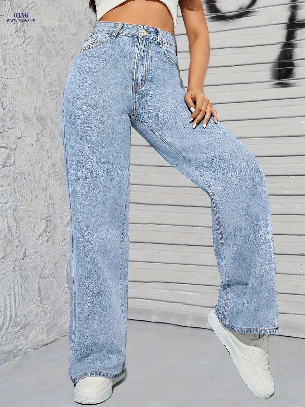 Women's Loose Fit Blue Denim Pants - Casual Wide Leg Style   OAXG Blue / XS