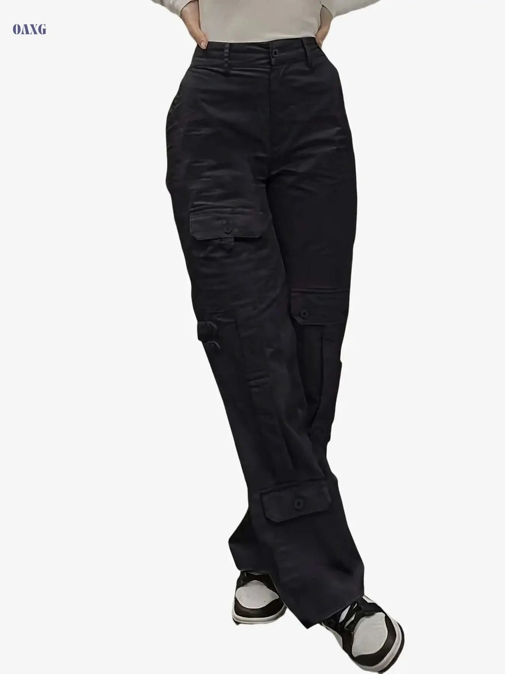 Women's Loose-Fit Cargo Pants - Button-Closure, Casual Streetwear Trousers   OAXG 
