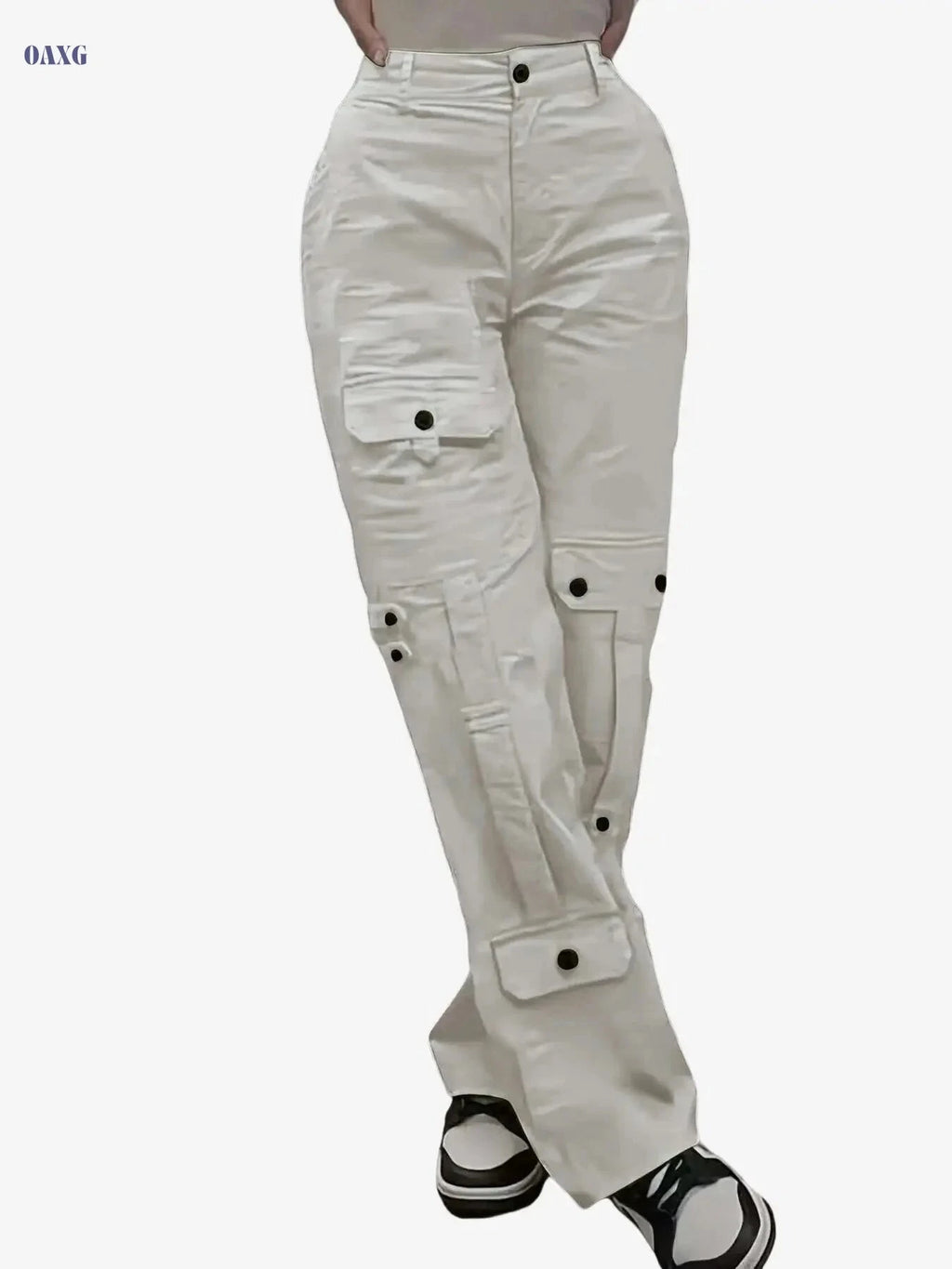 Women's Loose-Fit Cargo Pants - Button-Closure, Casual Streetwear Trousers   OAXG 