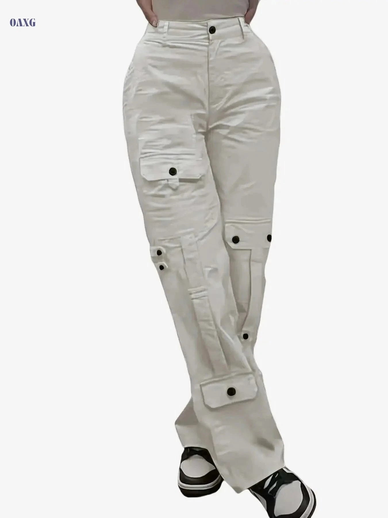 Women's Loose-Fit Cargo Pants - Button-Closure, Casual Streetwear Trousers   OAXG 