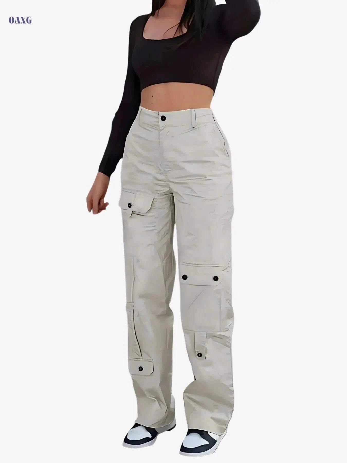 Women's Loose-Fit Cargo Pants - Button-Closure, Casual Streetwear Trousers   OAXG Apricot / XS