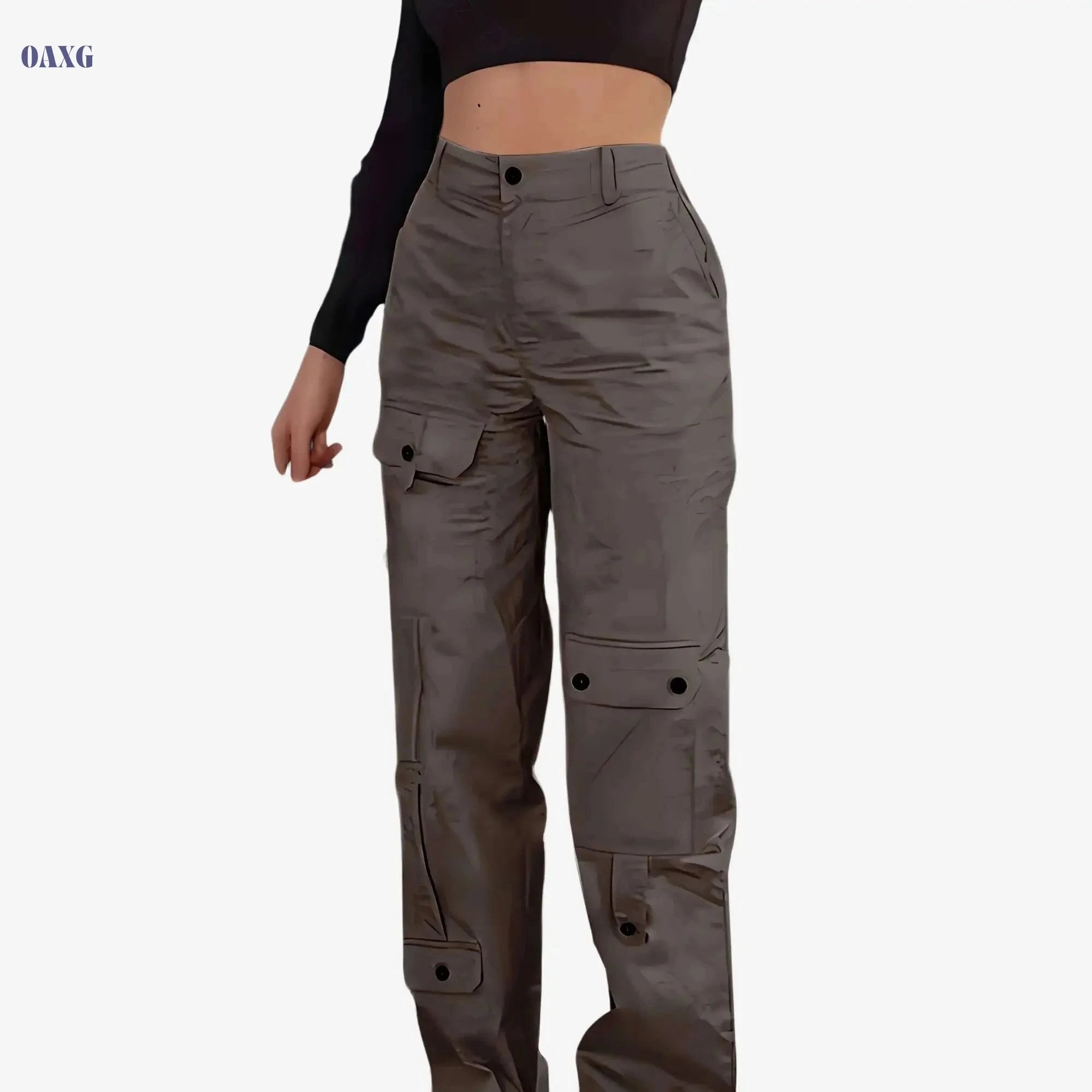 Women's Loose-Fit Cargo Pants - Button-Closure, Casual Streetwear Trousers   OAXG Apricot / XS