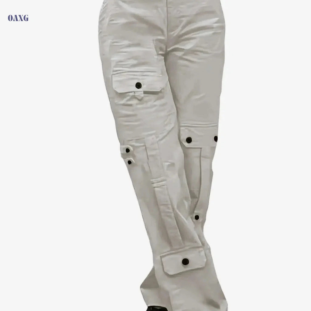 Women's Loose-Fit Cargo Pants - Button-Closure, Casual Streetwear Trousers   OAXG 