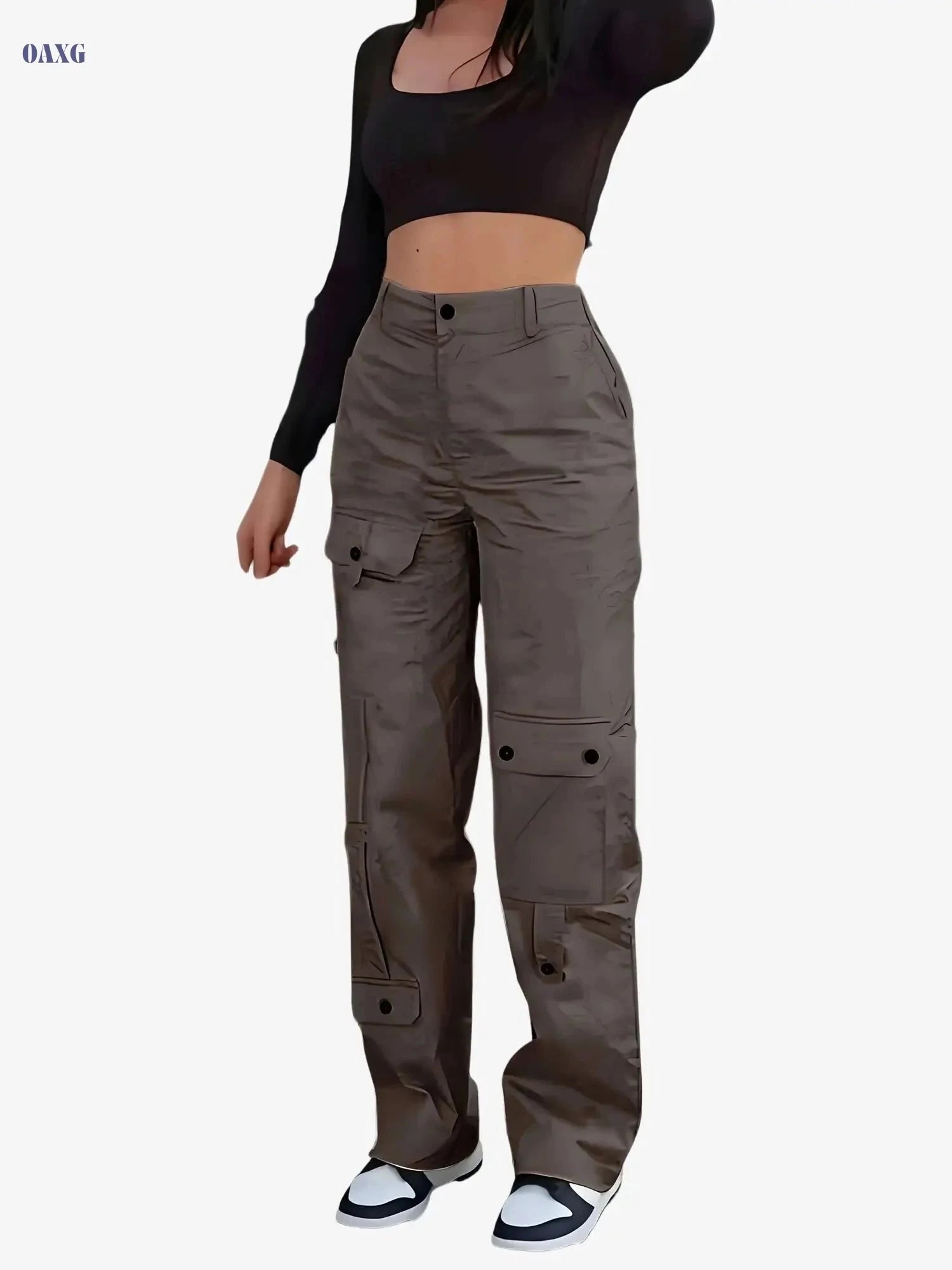 Women's Loose-Fit Cargo Pants - Button-Closure, Casual Streetwear Trousers   OAXG 