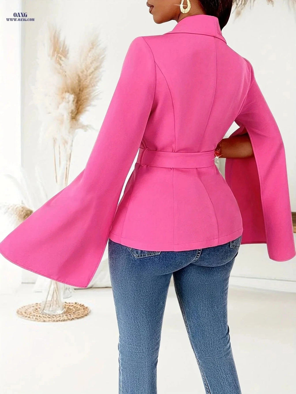 Women’s Loose Fit Pink Blazer with Golden Belt - Versatile Stylish Jacket   OAXG Rose Red / XS