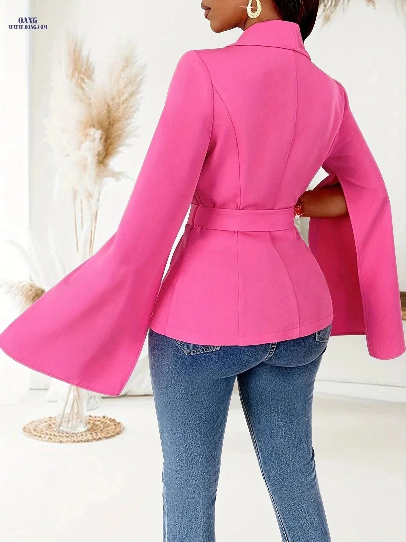 Women’s Loose Fit Pink Blazer with Golden Belt - Versatile Stylish Jacket   OAXG Rose Red / XS