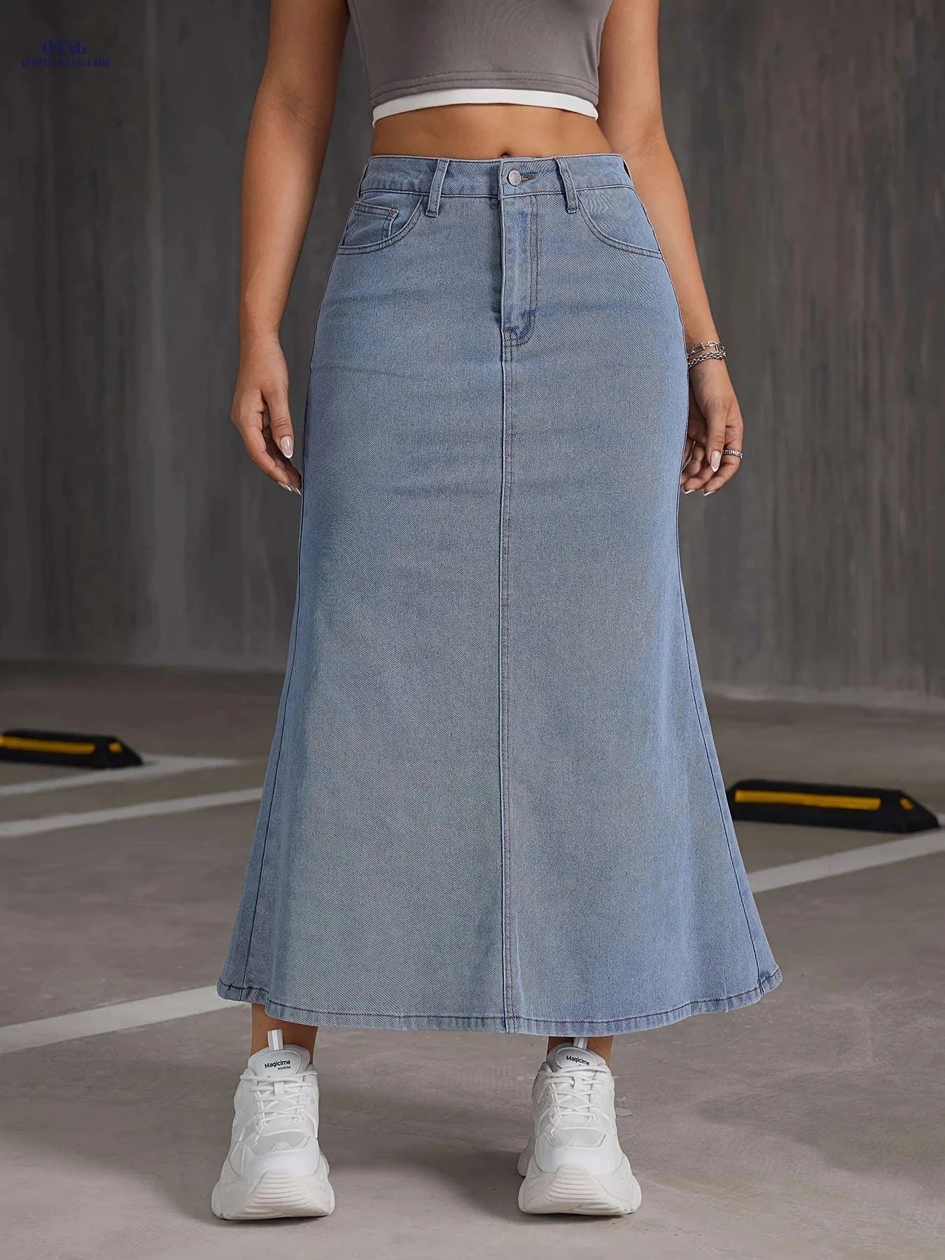 Women's Loose Flared Hem Denim Skirt - Casual Mid Waist Design   OAXG Dark Blue / S