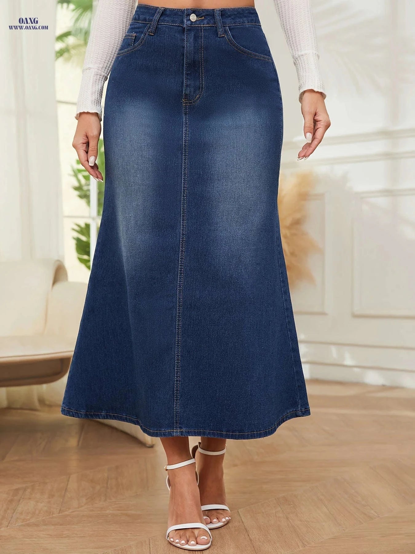 Women's Loose Flared Hem Denim Skirt - Casual Mid Waist Design   OAXG Dark Blue / S