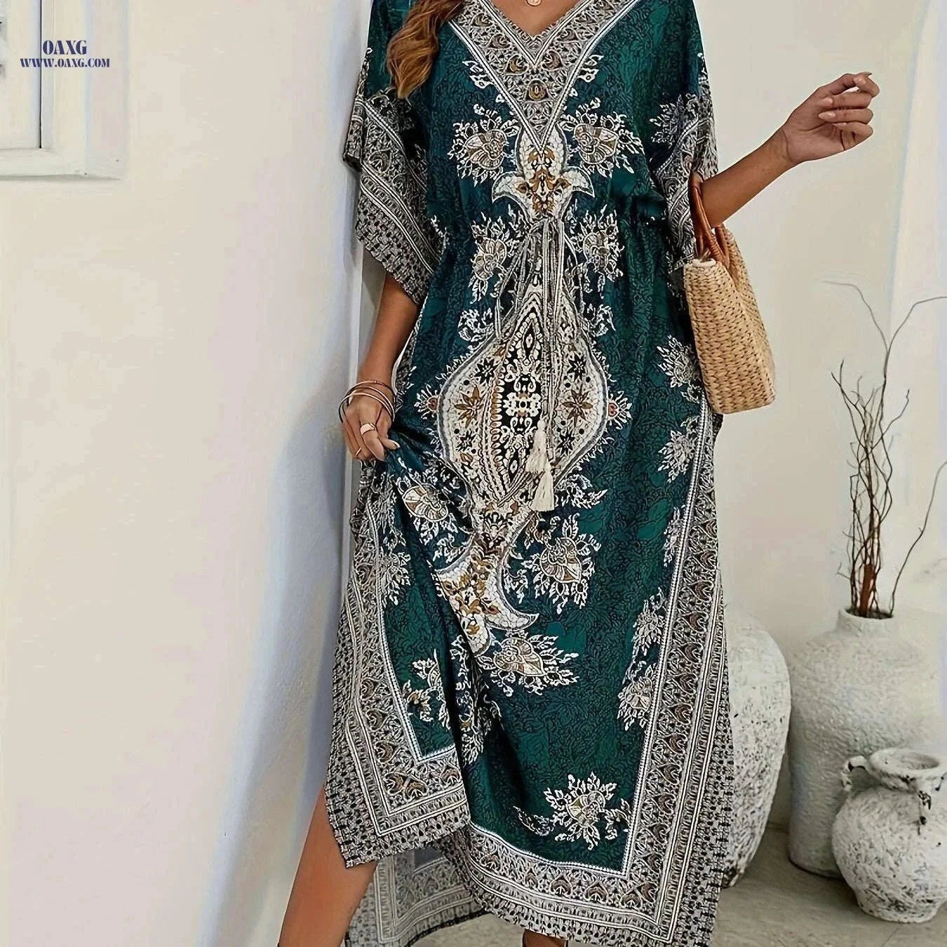 Women's Loose V-Neck Abaya - Elegant Beach Bohemian Dress   OAXG Malachite Green / One-size