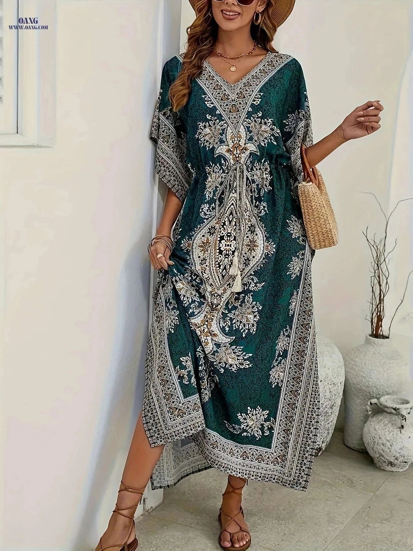 Women's Loose V-Neck Abaya - Elegant Beach Bohemian Dress   OAXG Malachite Green / One-size