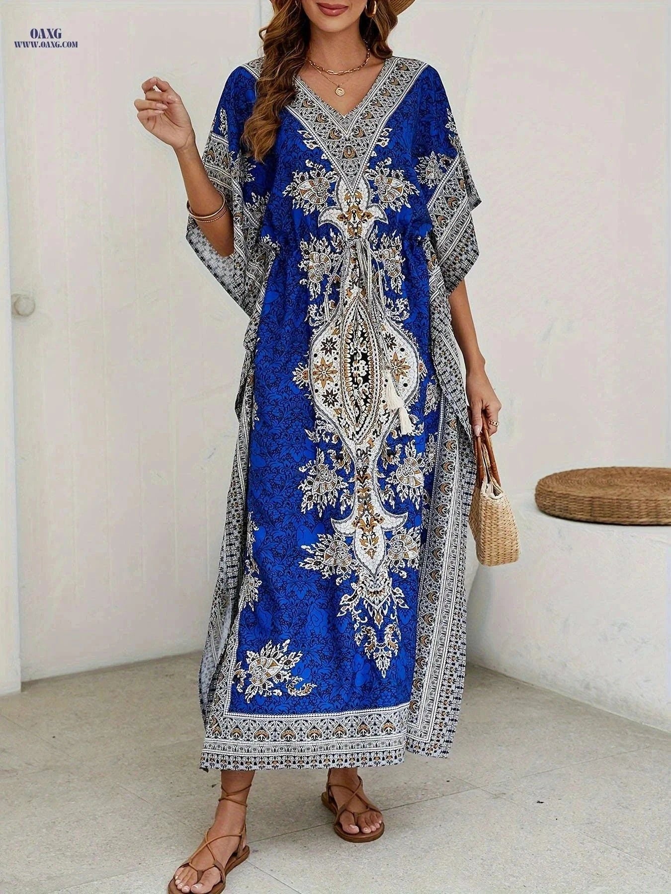 Women's Loose V-Neck Abaya - Elegant Beach Bohemian Dress   OAXG Malachite Green / One-size