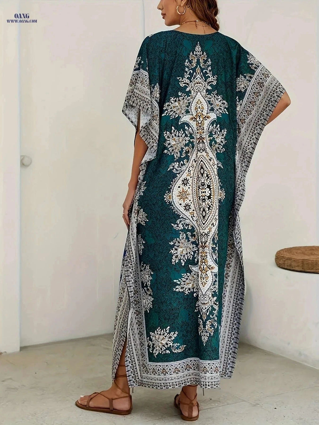 Women's Loose V-Neck Abaya - Elegant Beach Bohemian Dress   OAXG Malachite Green / One-size
