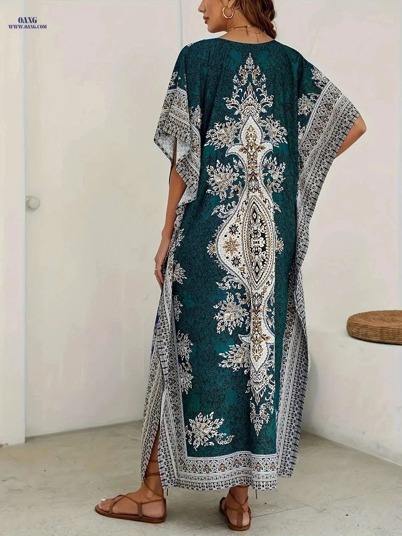 Women's Loose V-Neck Abaya - Elegant Beach Bohemian Dress   OAXG Malachite Green / One-size