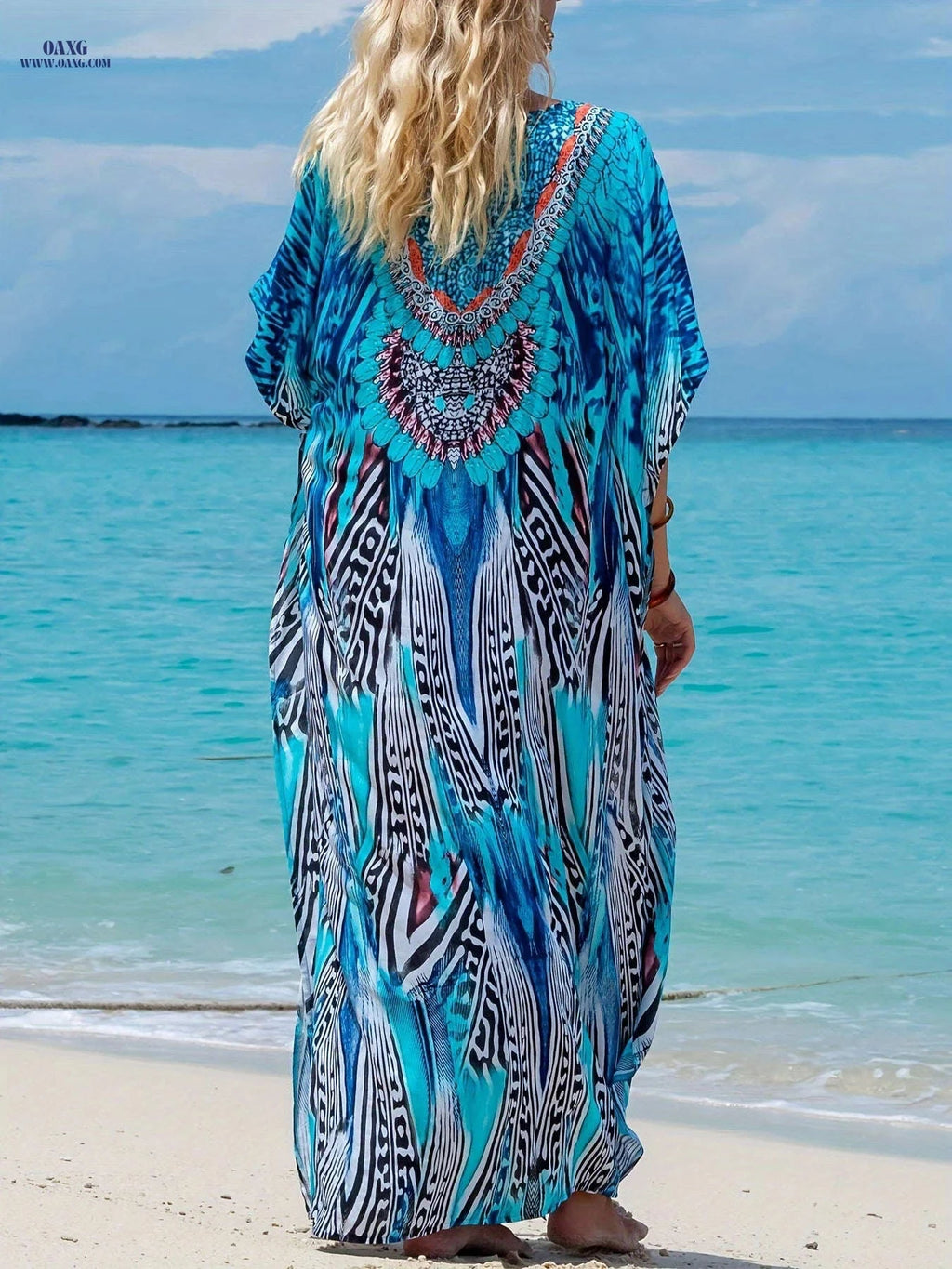 Women's Loose V-Neck Robe - Bohemian Beach Dress, Geometric Pattern   OAXG 