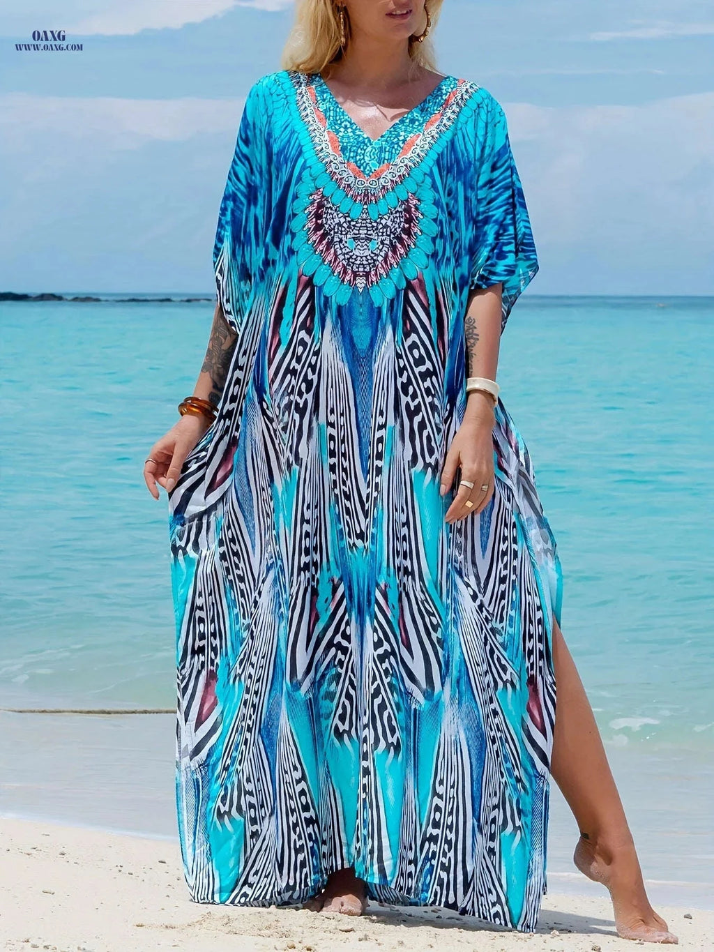 Women's Loose V-Neck Robe - Bohemian Beach Dress, Geometric Pattern   OAXG Sky Blue / One-size