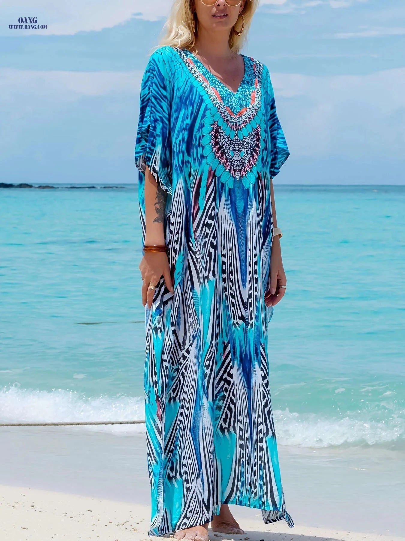 Women's Loose V-Neck Robe - Bohemian Beach Dress, Geometric Pattern   OAXG 