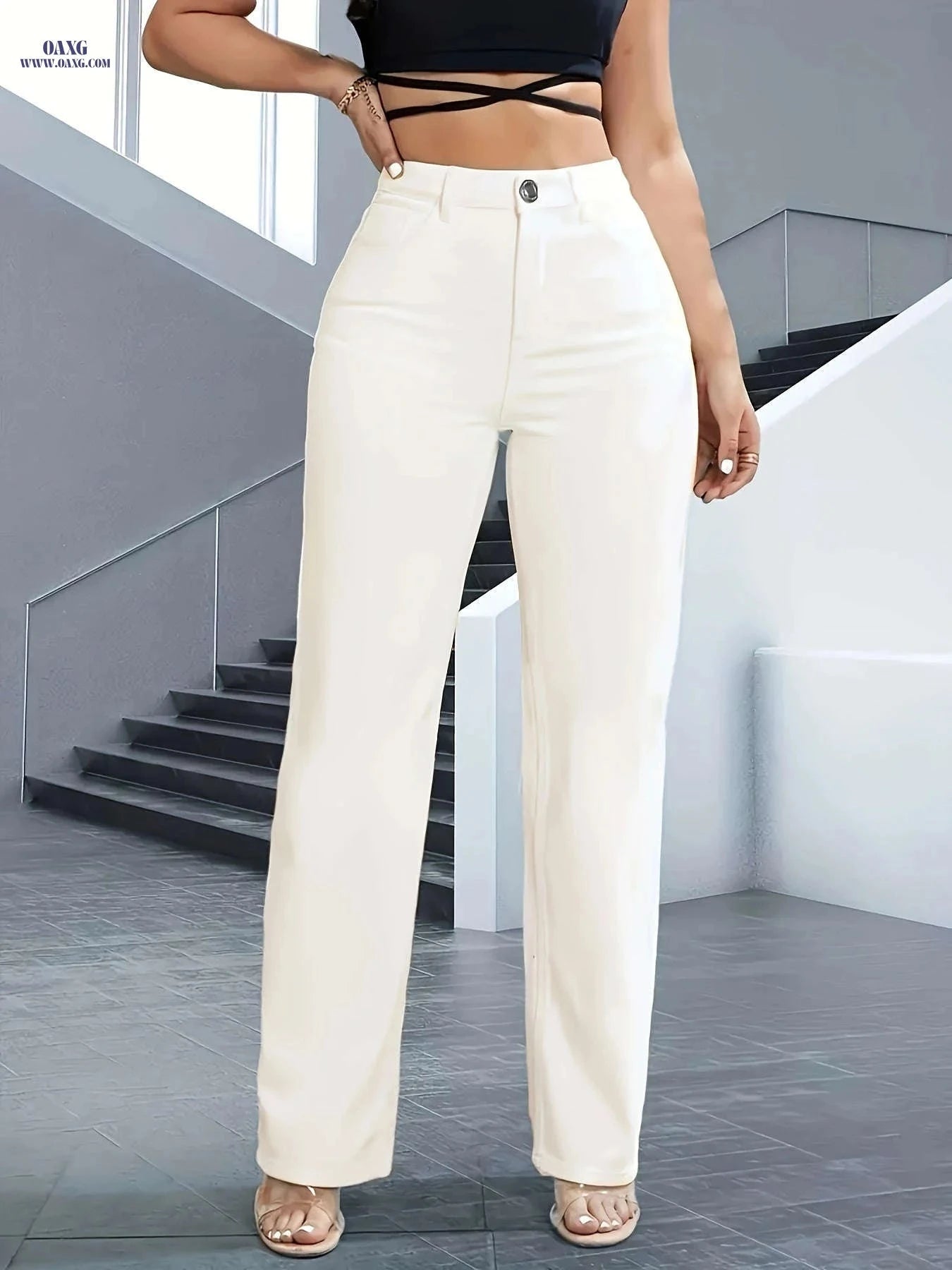Women's Mid-High Waist Straight Leg Jeans - Slim Fit Solid White   OAXG 