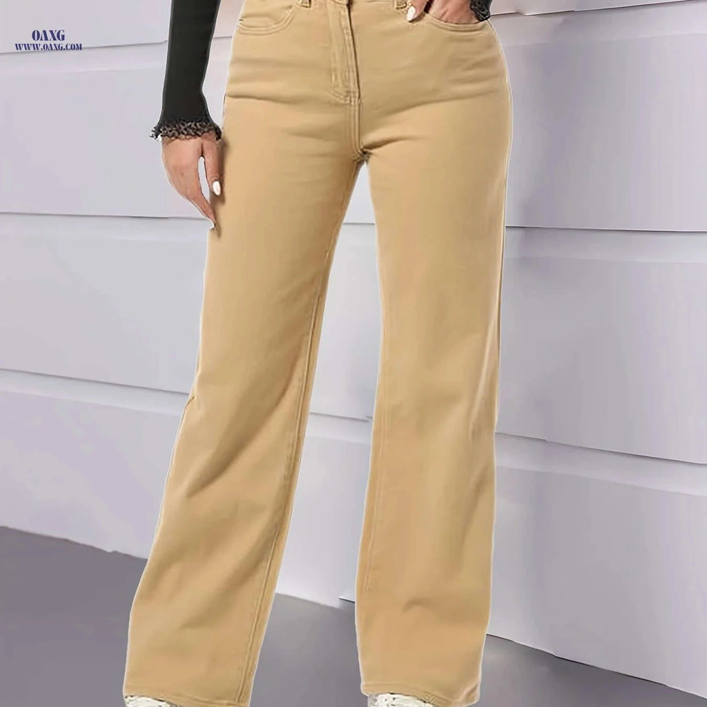 Women's Mid-High Waist Straight Leg Jeans - Slim Fit Solid White   OAXG Khaki / S